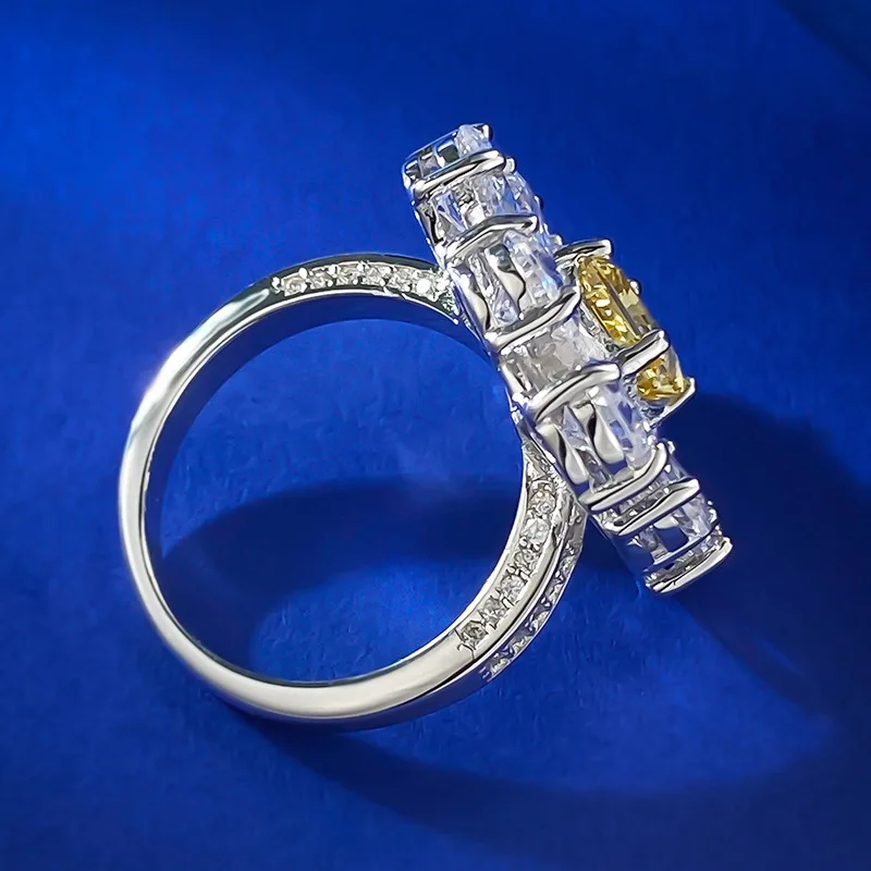 European and American Silver S925 Silver Imported High Carbon Diamond 6 * 6 Yellow Diamond Ring Ring Group Flower Cluster Weddin