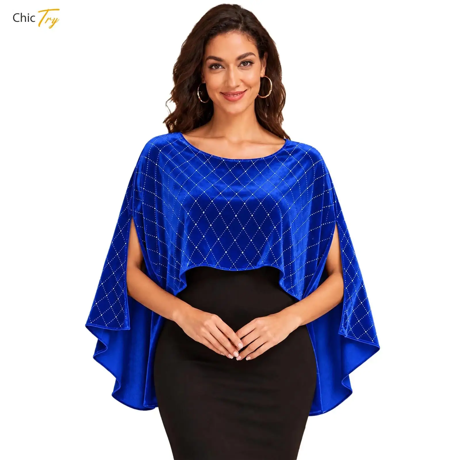 Women Velvet Cape Metallic Rhombus Christmas Shawl Side Split Wraps Pullover Top Wedding Bridesmaid Evening Party Shrug Ponchos