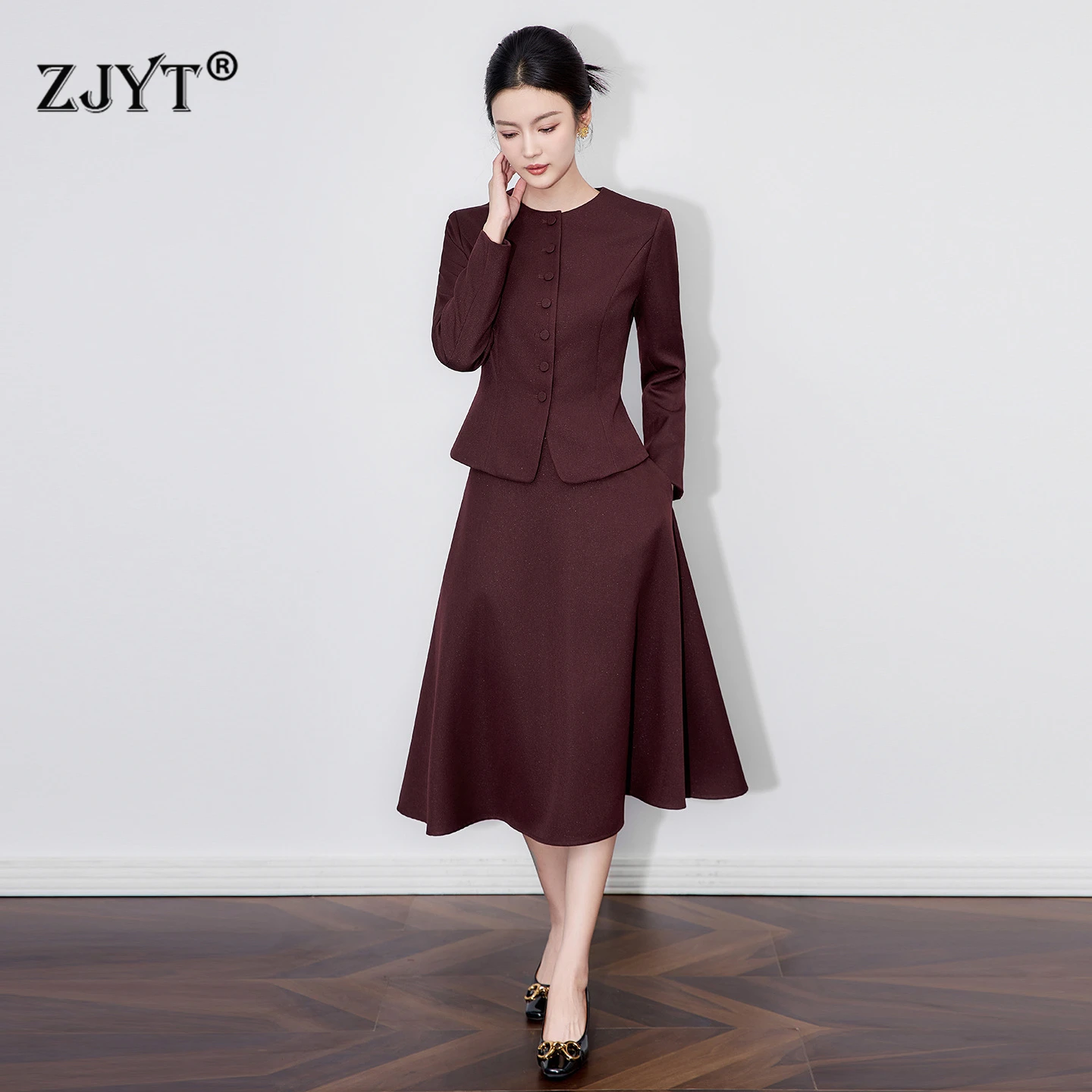 

ZJYT Autumn 2025 Women Long Sleeve Blazer Skirt Suit 2 Pieces Matching Sets Office Lady Outfit Party Business Work Wear Blue