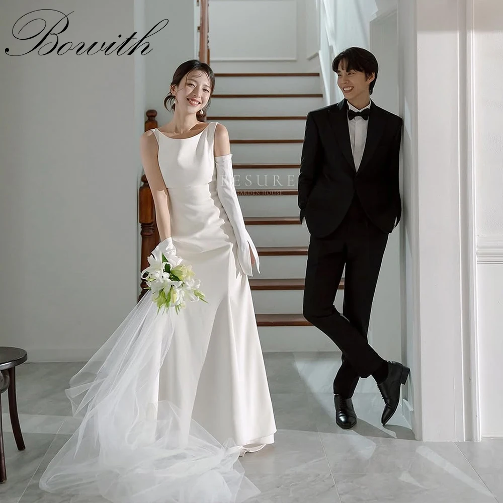 

Bowith Simple Korean Wedding Dresses Scoop Collar Wedding Reception Dresses for Bride Elegant Floor-Length Wedding Photo Shoot