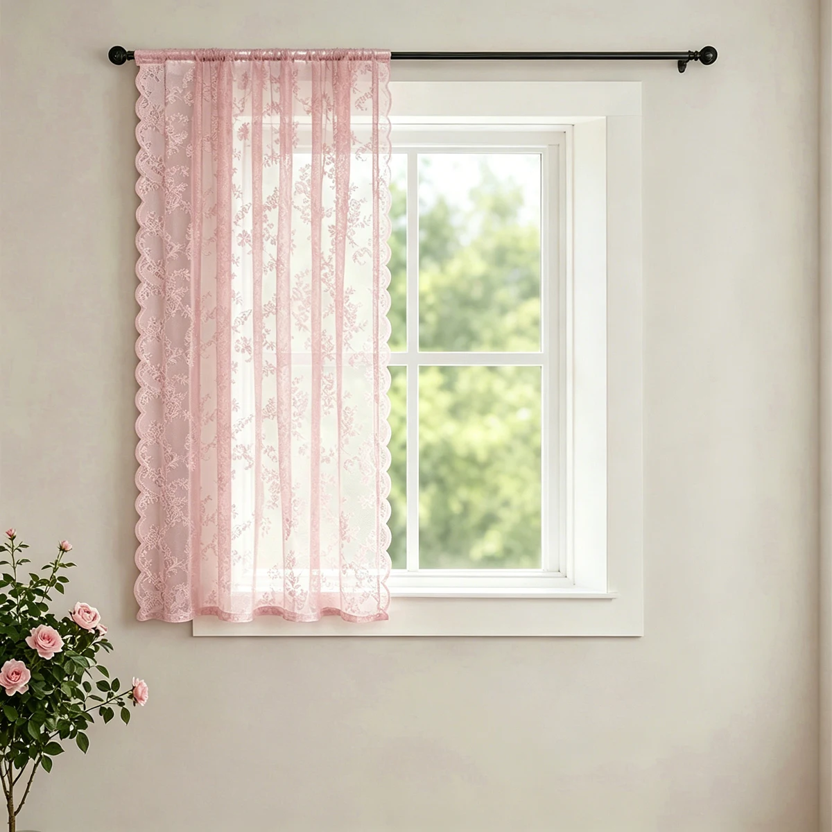 1PC Pink Floral Lace Sheer Curtains Wavy Edge Window Voile for Bedroom Living Room Decorative Light Filtering Panel