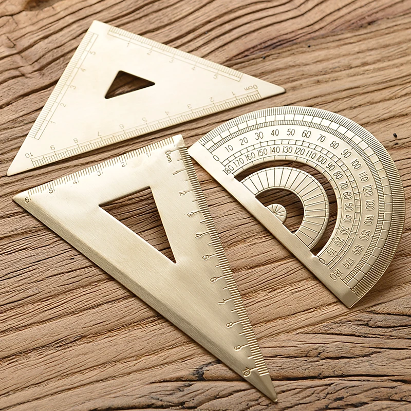 1Pcs Vintage Brass Straight Ruler High Quality Triangle Ruler Protractor For Students Measuring Tool School Stationery Supplies