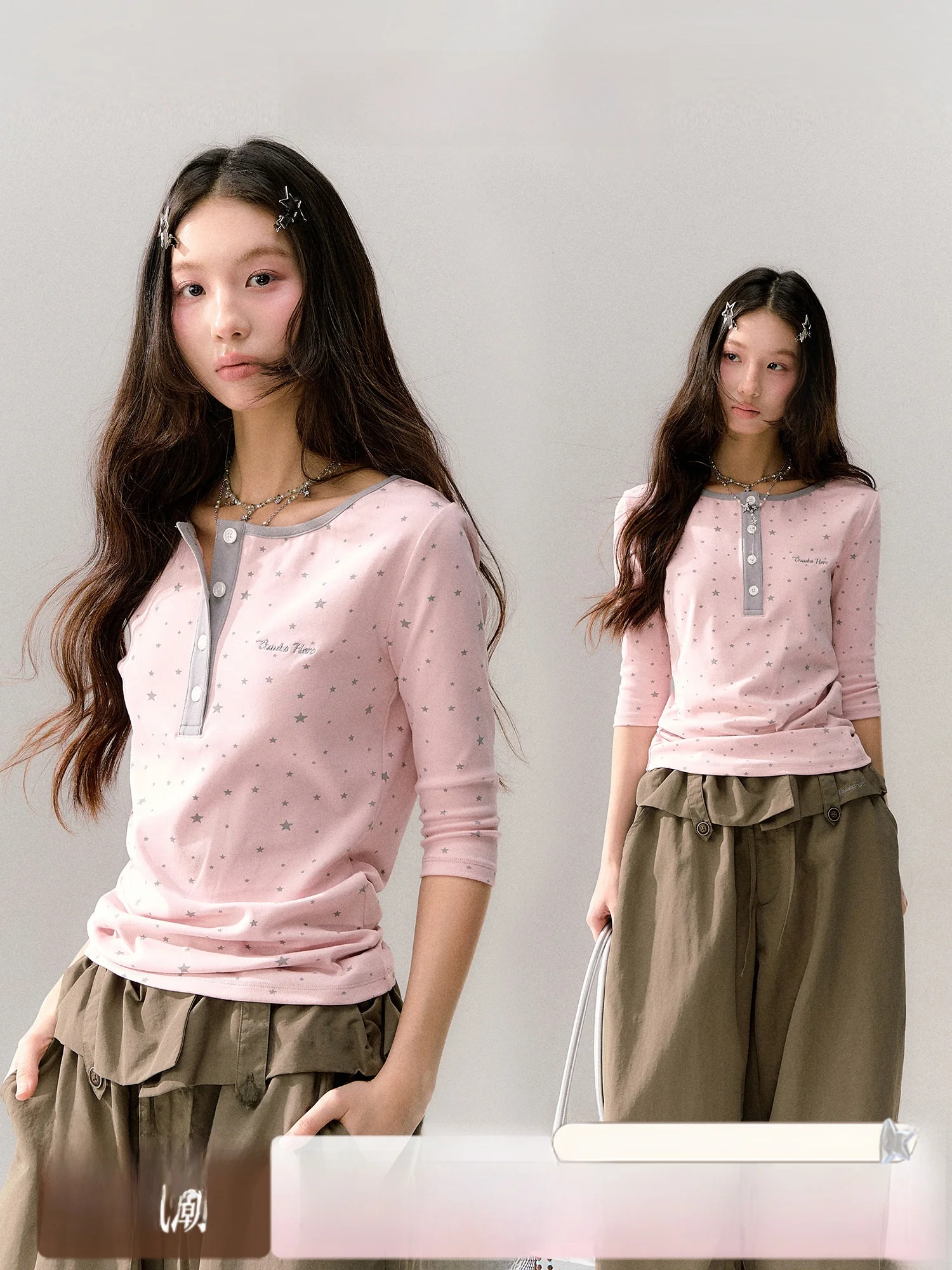 Pink round Neck Contrast Color Shoulder Five Sleeve T-Shirt Women Retro Spicy Star Slim Fit Middle Sleeve Top Citywalk Travel...