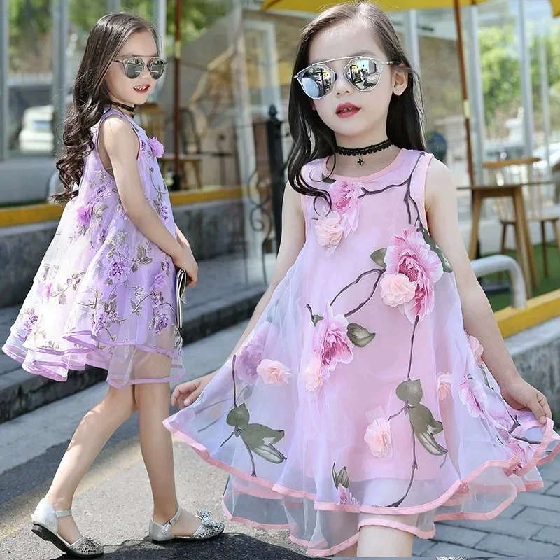 Vestido de Tule com Bordado de Flores 3D para Meninas, Vestido de Princesa de Verão para Crianças, Vestido de Festa Floral em Tule A-Line para Meninas