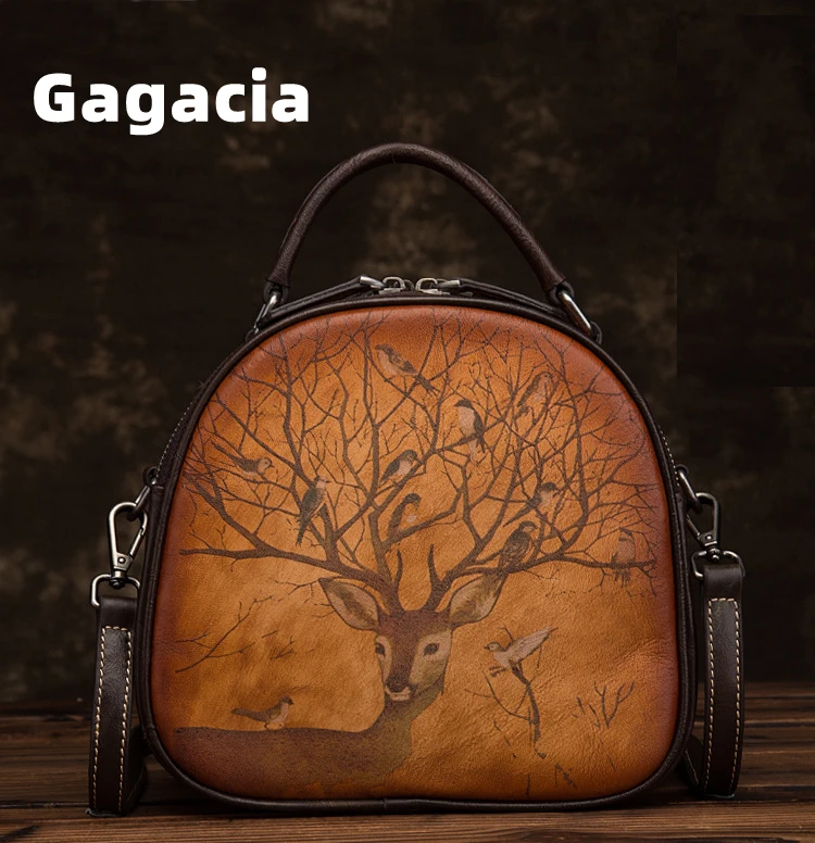 GAGACIA New Deer Pattern Retro Shoulder Women's Bag Genuine Leather Chinese Style Handbag Versatile Luxury Cowhide Crossbody Bag