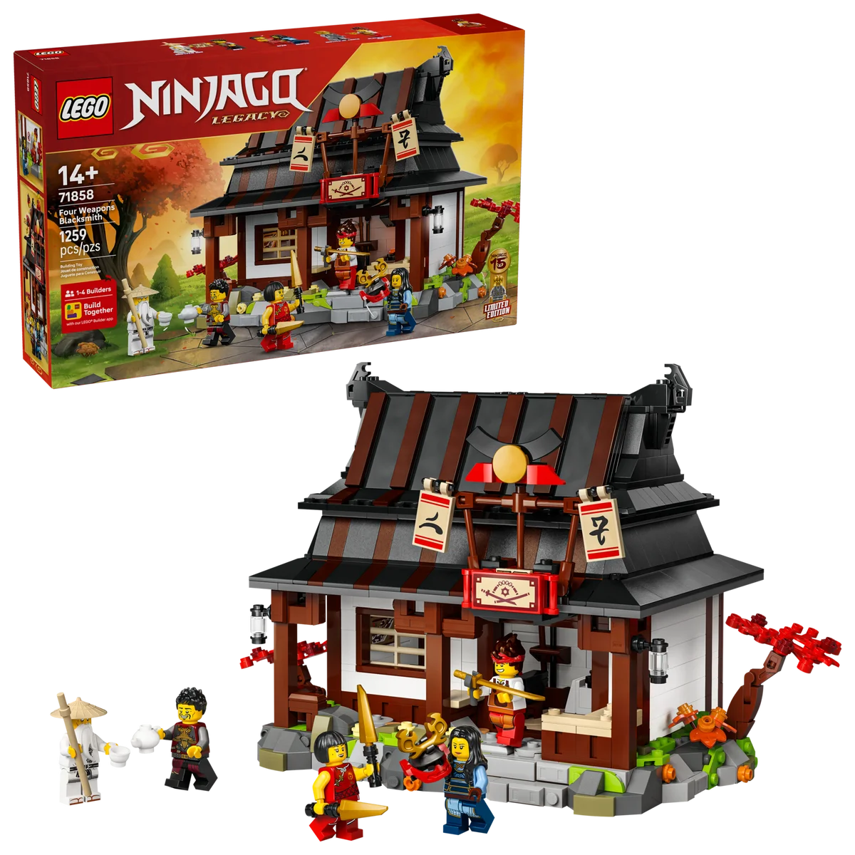 

【Presale Jan.】LEGO® NINJAGO® Four Weapons Blacksmith 15th Anniversary with 6 NINJAGO MINIFIGURES for Ages 14+ 1259Pieces 71858