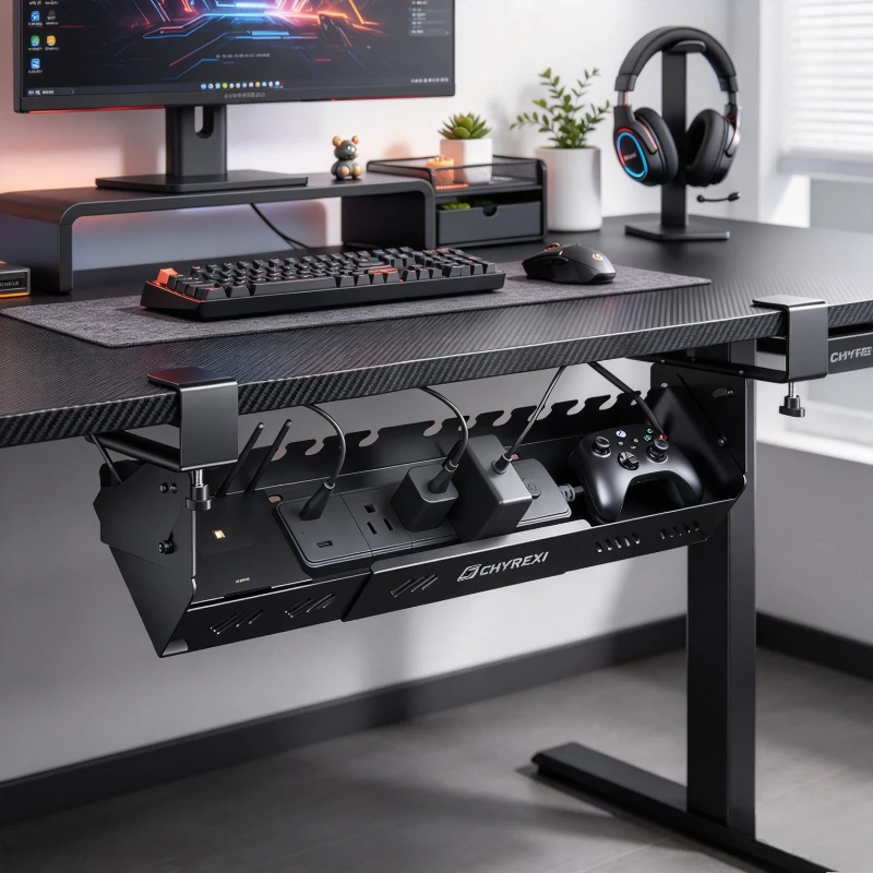 Under Desk Cable Tray Flip Up Extendable Power Strip Rack Black Heavy Duty Wire Storage for Standing Desks and Workstations