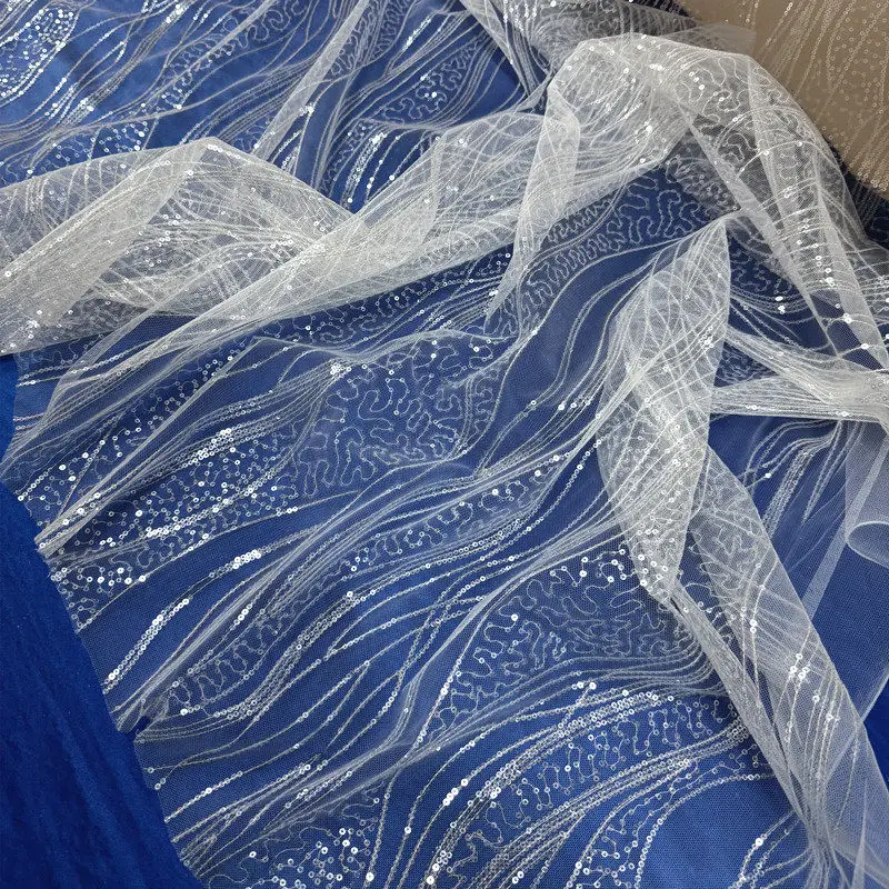 

Small Sequin Striped Lace Embroidery Fabric for Minimalist Perspective Mesh Wedding Dress Cloth Diy By The Meter Sewing Material