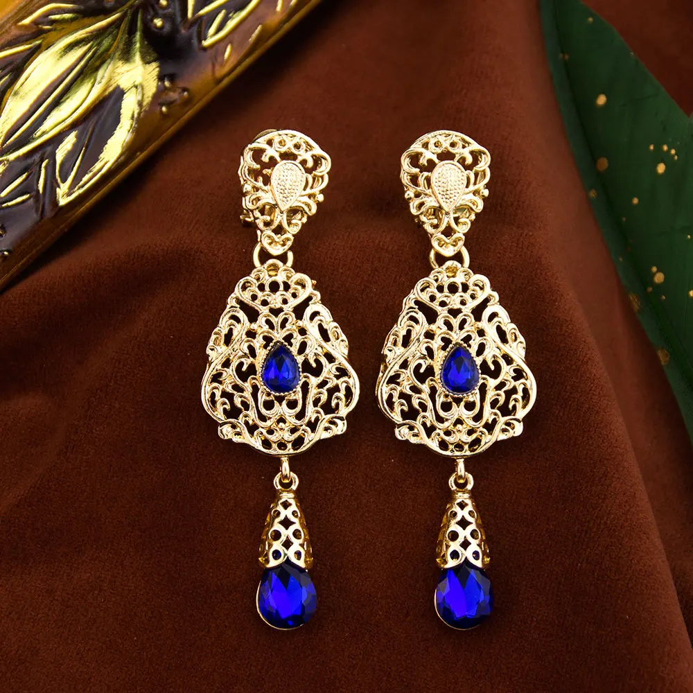 Sunspicems Moroccan Earrings Women\'s Wedding Jewelry Crystal Hollow Water Droplet ShapePendant Traditional Arab Wedding Jewelry