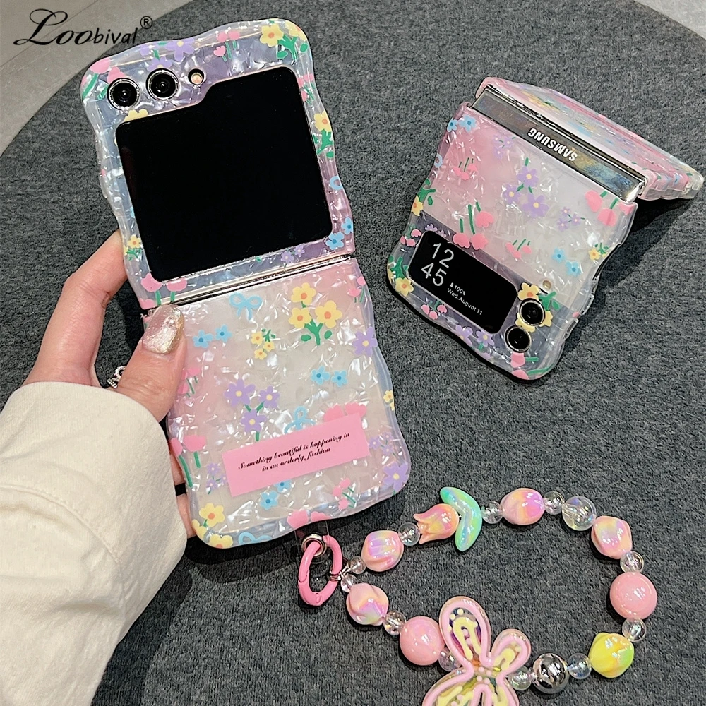 for Samsung Flip5 Cartoon Flower Bracelet Case for Samsung Galaxy Z Flip 5 4 3 6 ZFlip 6 5 Wavy Wrist Chain Ins Korea Soft Cover