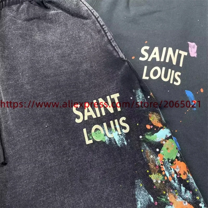 Vintage SAINT LOUIS Shorts Men Women Best Quality Drawstring Splash Ink Graffiti Breeches