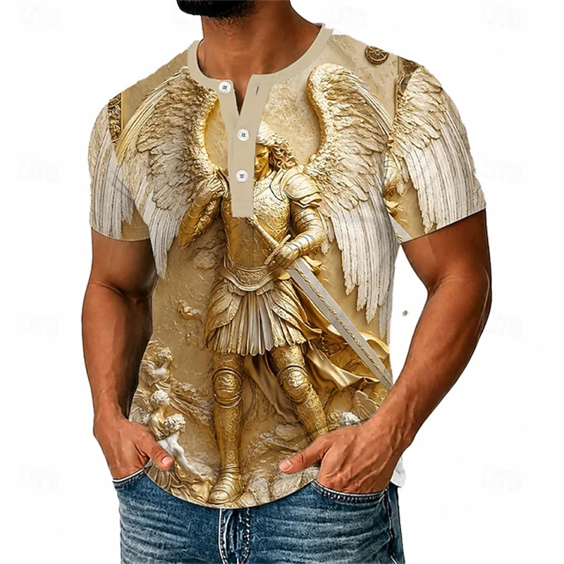 2026 New Vintage Men's Short-Sleeve Shirt Angel Knight Print Short-Sleeve Top Men's T-Shirt Casual Loose-Fit Button-Down T-Shirt