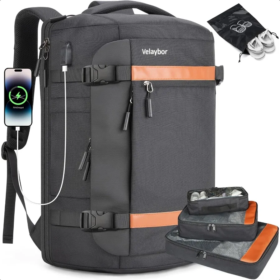 

42L Travel Backpack with 4 Packing Cubes TSA Friendly Flight Appd CarryOn Bag with USB Charging Port WaterResistant Weekender B