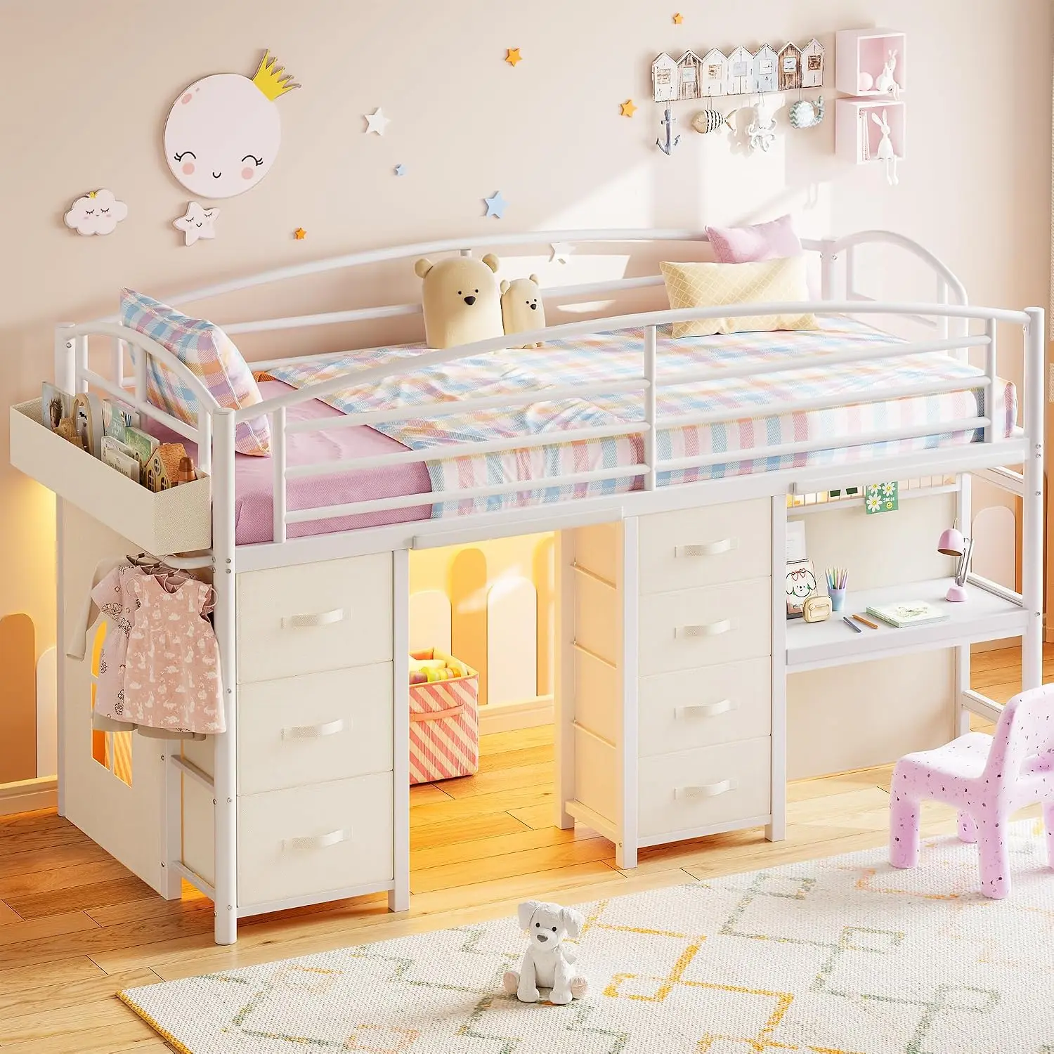 Twin Loft Bed Desk 7 Drawers LED Lights Metal Frame 12