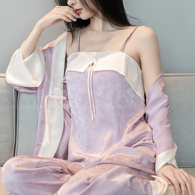 

New Chinese Style Sleepwear Sexy Female 3PCS Pajamas Set Loungewear Trouser Suits Elegant Jacquard Satin Home Wear Lingerie