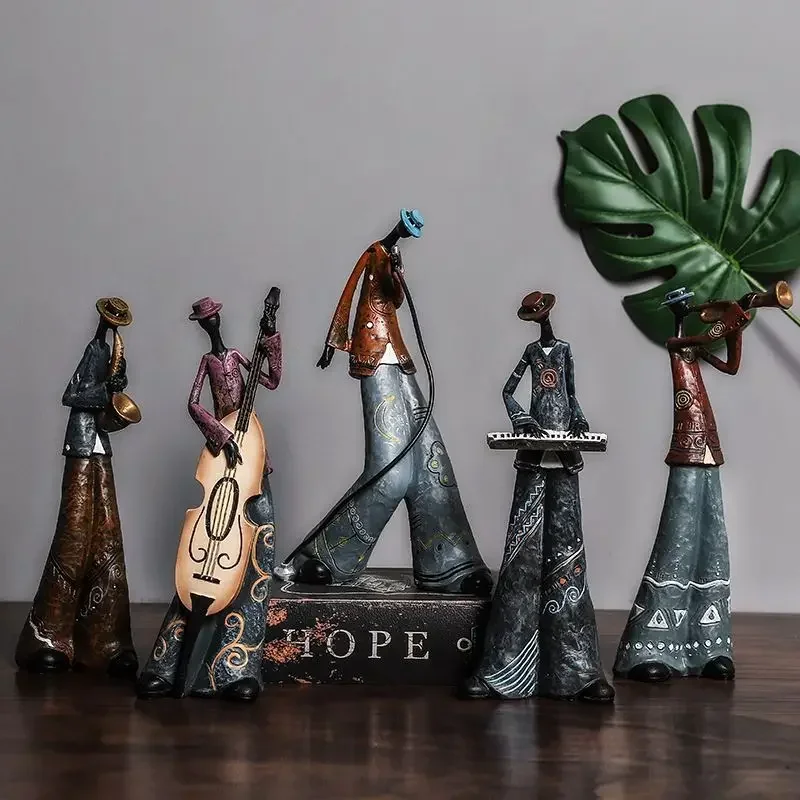 28-29.5cm Creative Rock Band Resin Statue Retro Musician Sculpture Saxophone Guitar Singer Art Figure Home Decoration Ornament