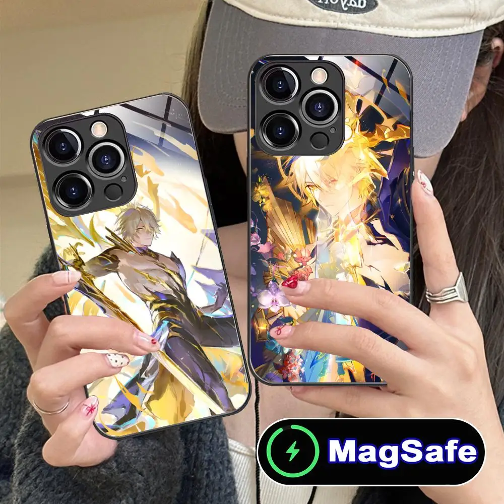 

Чехол для телефона Honkai Impact Phainon для iPhone 16, 15, 14, 13, 12, 11 Pro Max Plus Mini MagSafe, стеклянный цветной защитный чехол, роскошный