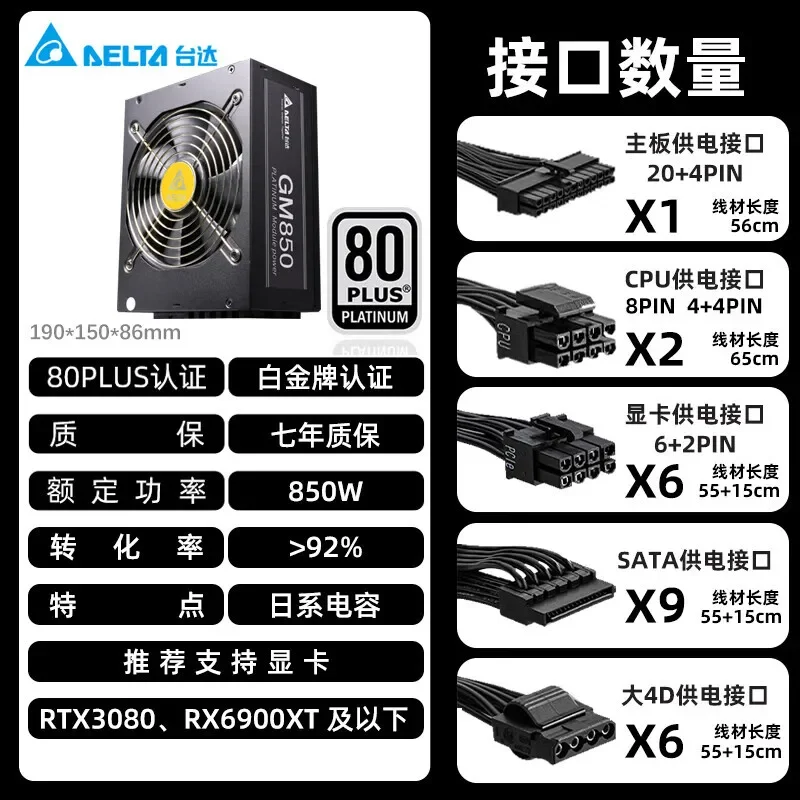 Delta 850W/1300W Modular Power Supply Unit 80PLUS Platinum Certified with Japanese Main Capacitor 13.5CM Ball Bearing Fan