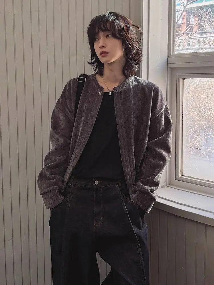 

2025 Winter Niche Design Men's Coats Round Collar Solid Color Vintage Single Breasted Loose Male Short Jackets Chic