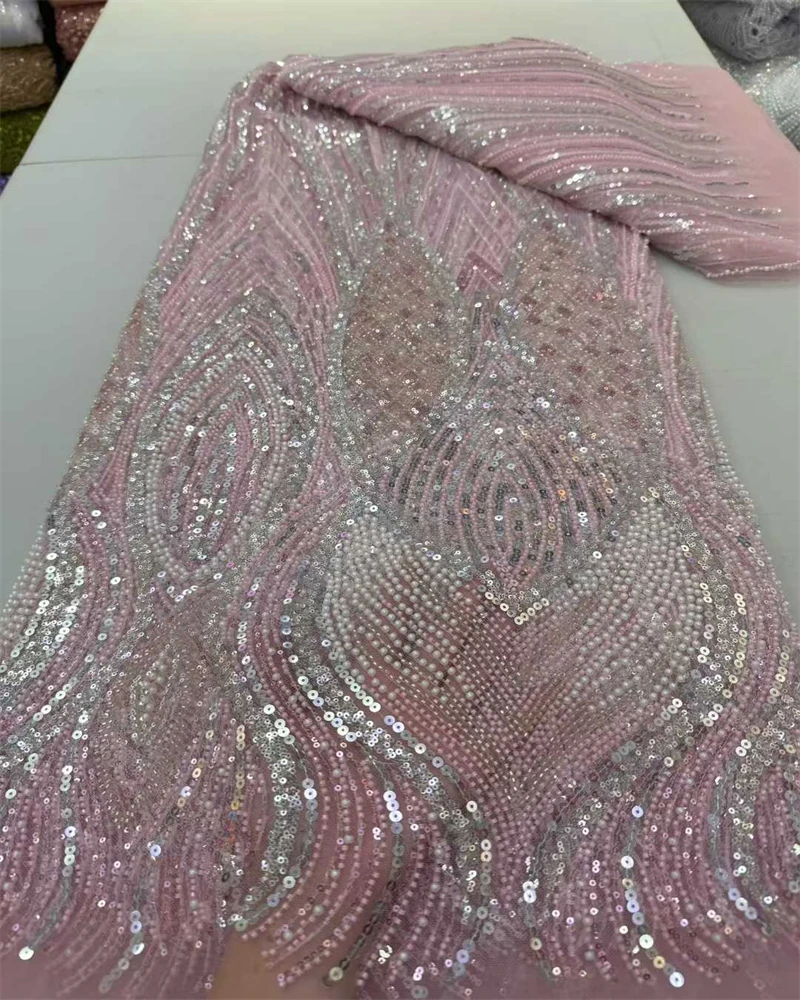 

2025 African Handmade Sequins Net Pearls Lace Fabric French Beaded Tulle Lace Fabric For Bridal Party Dress Material