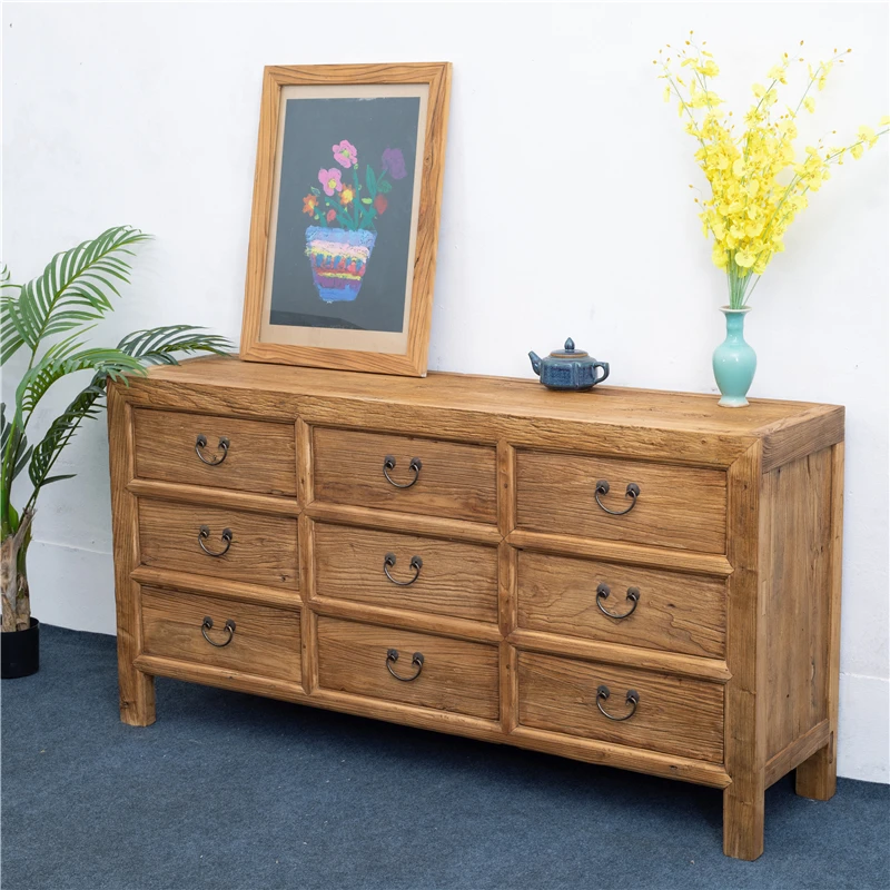 Old elm five or nine bucket cabinet Chinese solid wood storage drawer medicine cabinet side cabinet log retro furniture home