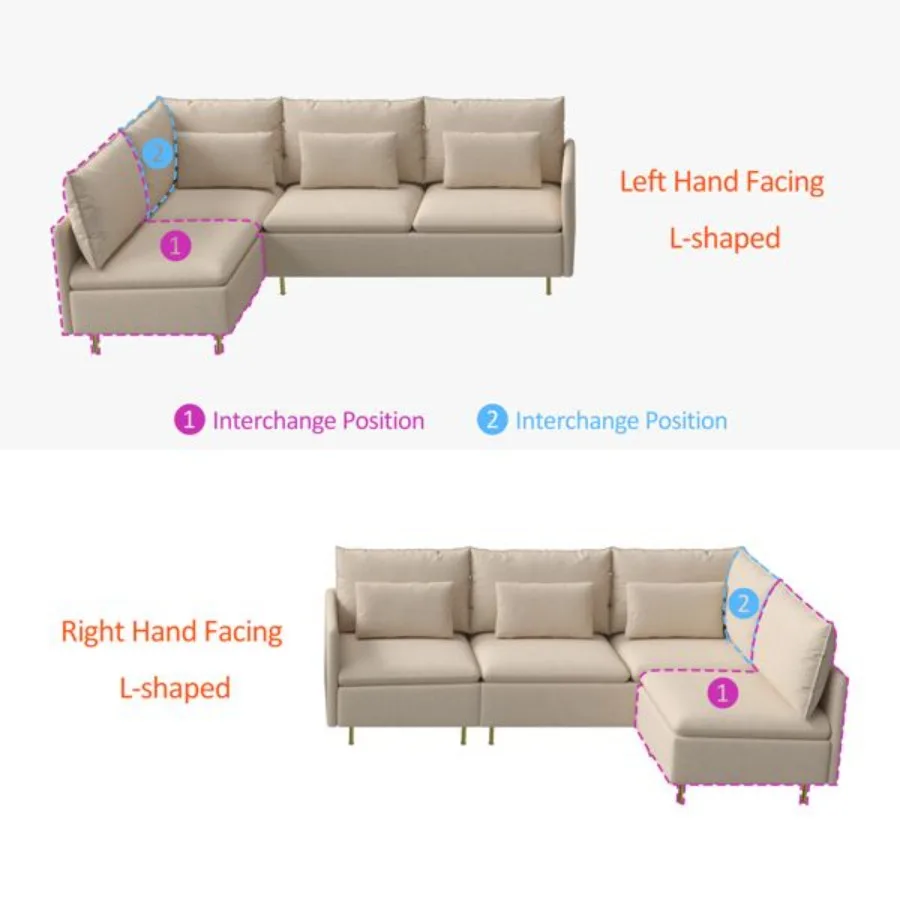

90.9Modular Lshaped corner sofa movable chaise facing left right cnlinen livingroom bedroom.