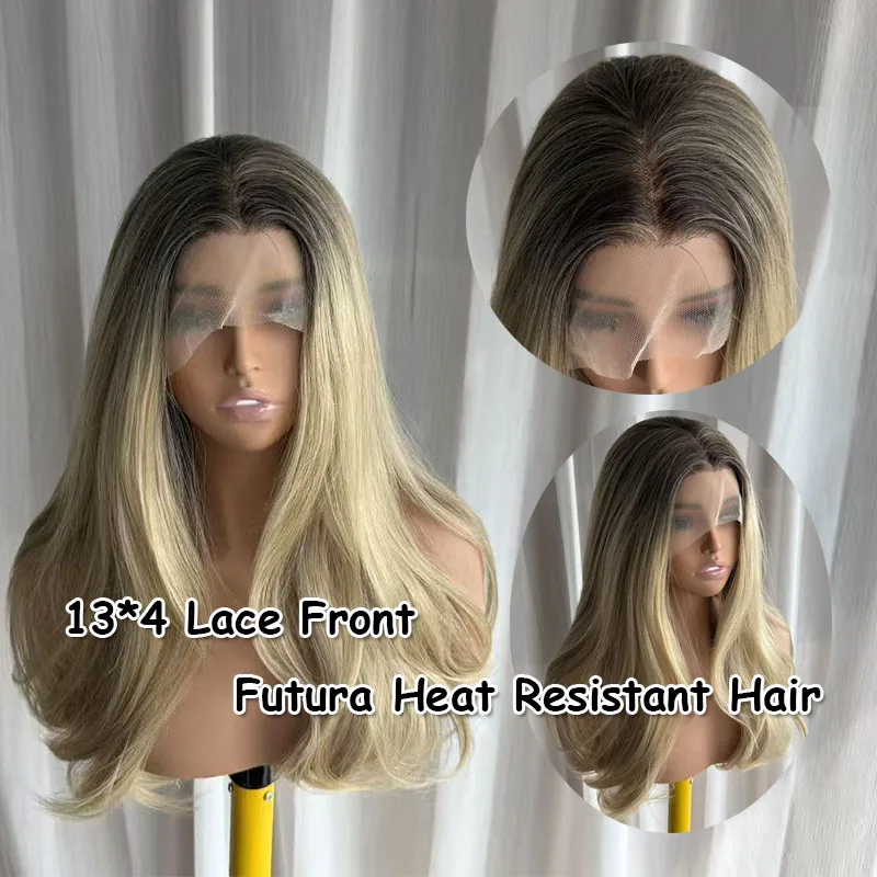 13x4 HD Lace Front Synthetic Wig Ombre Brown Blonde Premium Protein Fiber Medium Wavy Pre Plucked Hairline Heat Friendly