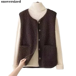 Solid Faux Fleece Cropped Vests Spring Women Classic Teddy Coat Casual Loose Sleeveless Jackets Streetwear Fashion Chalecos 2023