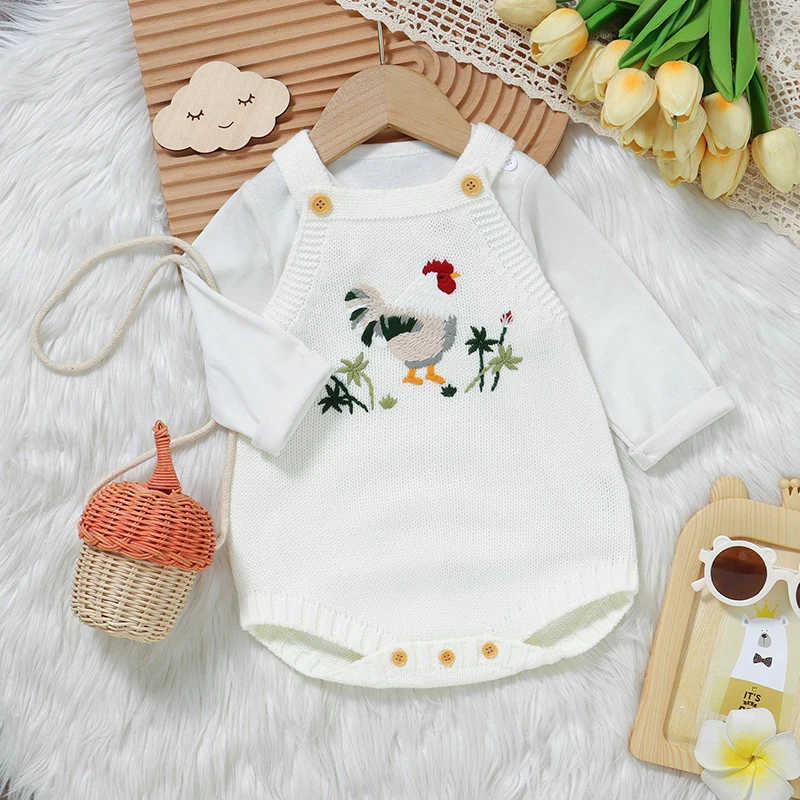 Baby Bodysuit Knit Infant Girl Boy Jumpsuit Sleeveless Summer Newborn Kid Sling Clothes Fashion Embroidery Rooster 0-18M Overall