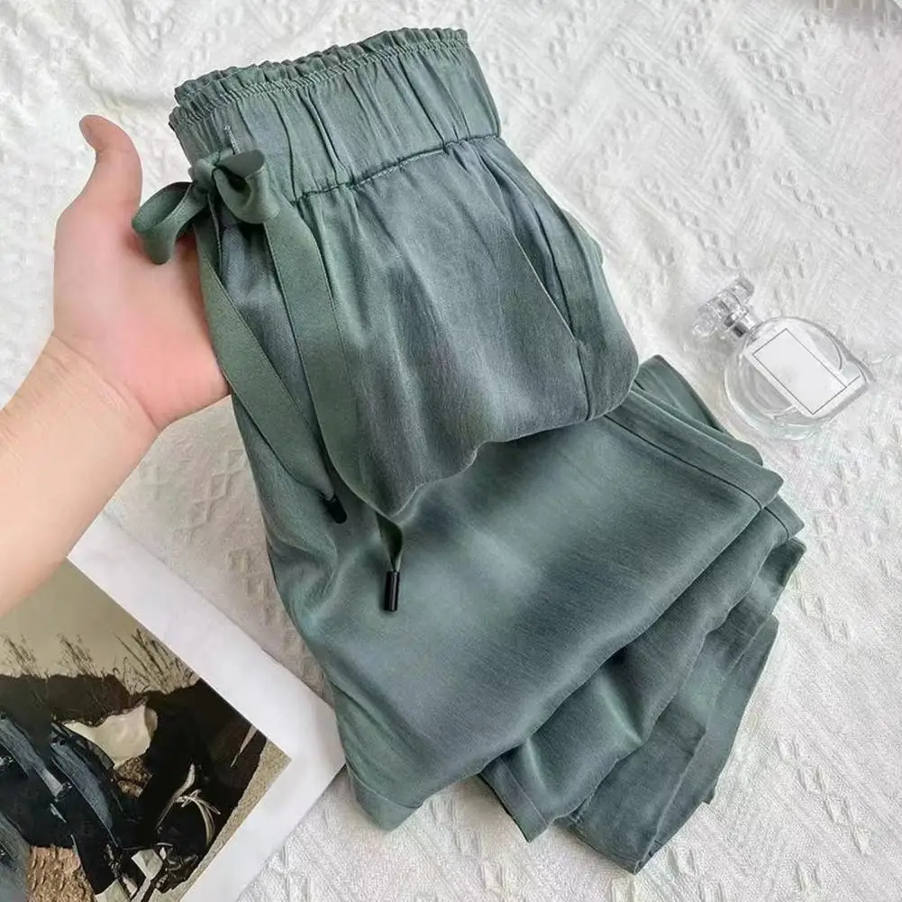 بنطال نسائي واسع الساق أنيق بأرجل واسعة مع جيوب خصر برباط قابلة للتعديل، لون سادة مريح للاستخدام اليومي