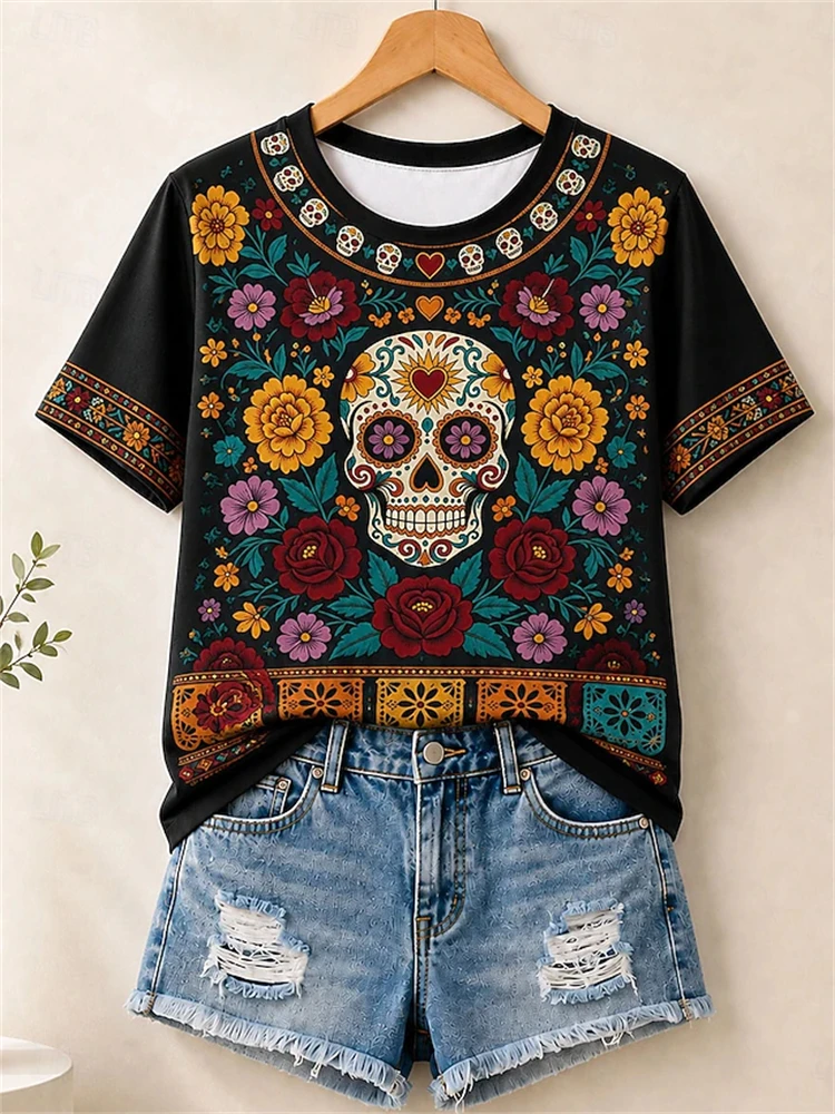 Women's Fashionable Casual Short-Sleeve T-Shirt with Day of The Dead Zombie Skeleton Print Loose-Fit T-Shirt Holiday Party Top