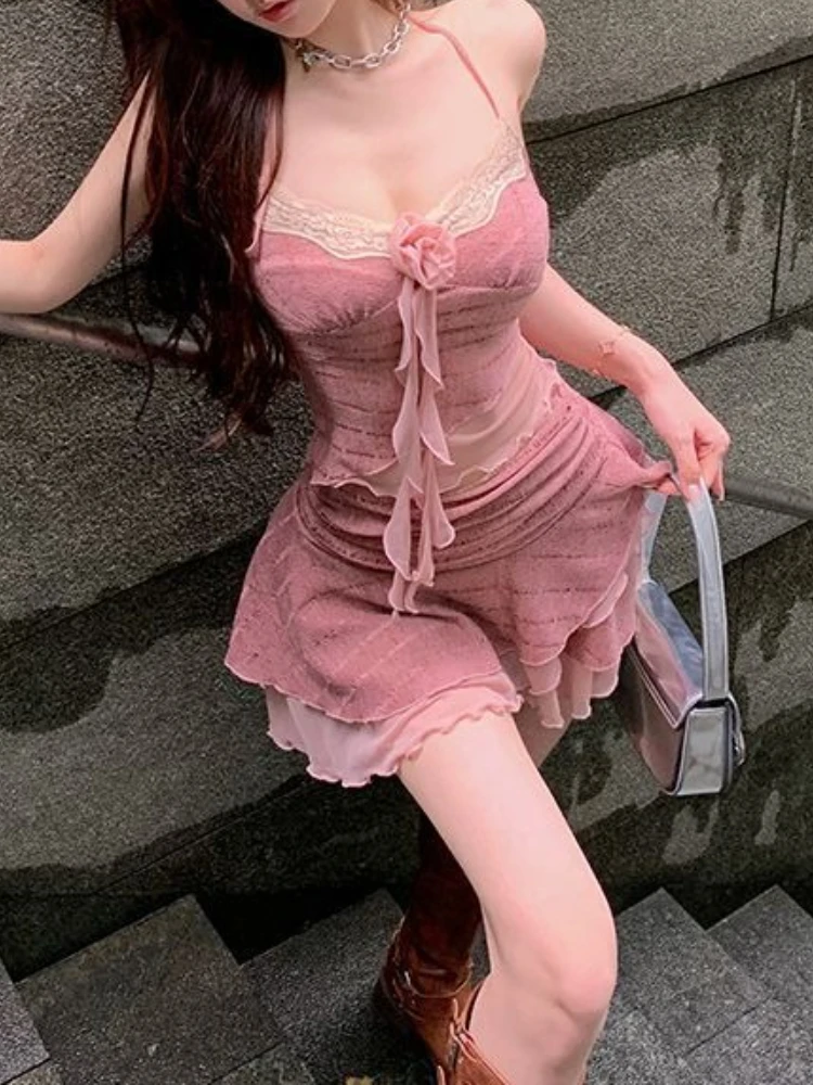 Conjunto de 2 piezas ajustado de estilo francés para mujer, Tops elegantes + Mini falda con pastel, nueva moda, traje Irregular de puro deseo para chica