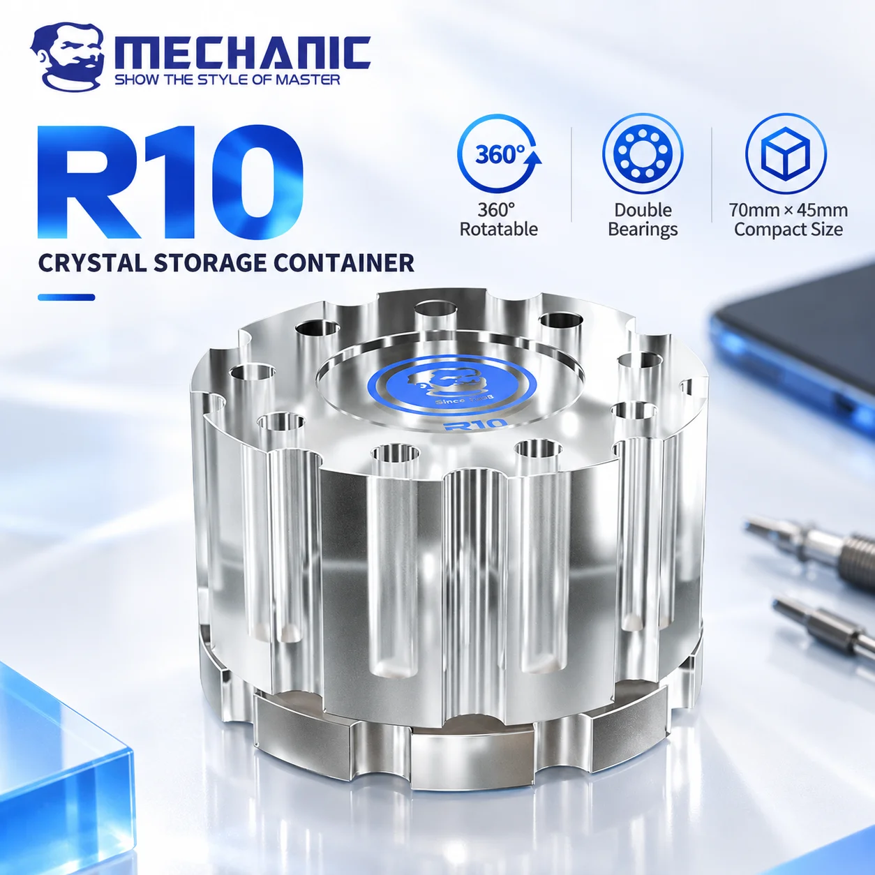 MECHANIC R10 360° Rotating Acrylic Tool Organizer 9-Hole Screwdriver Tweezers Storage Holder for Mobile Phone Repair Workbench