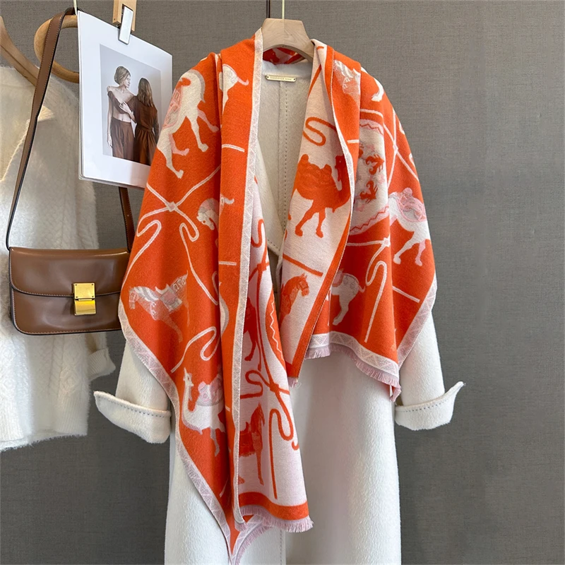 

Женский зимний шарф, кашемировые шали и накидки из пашмины, Bufandas, теплые толстые шарфы с конским принтом, одеяло для женщин, 2021, роскошь
