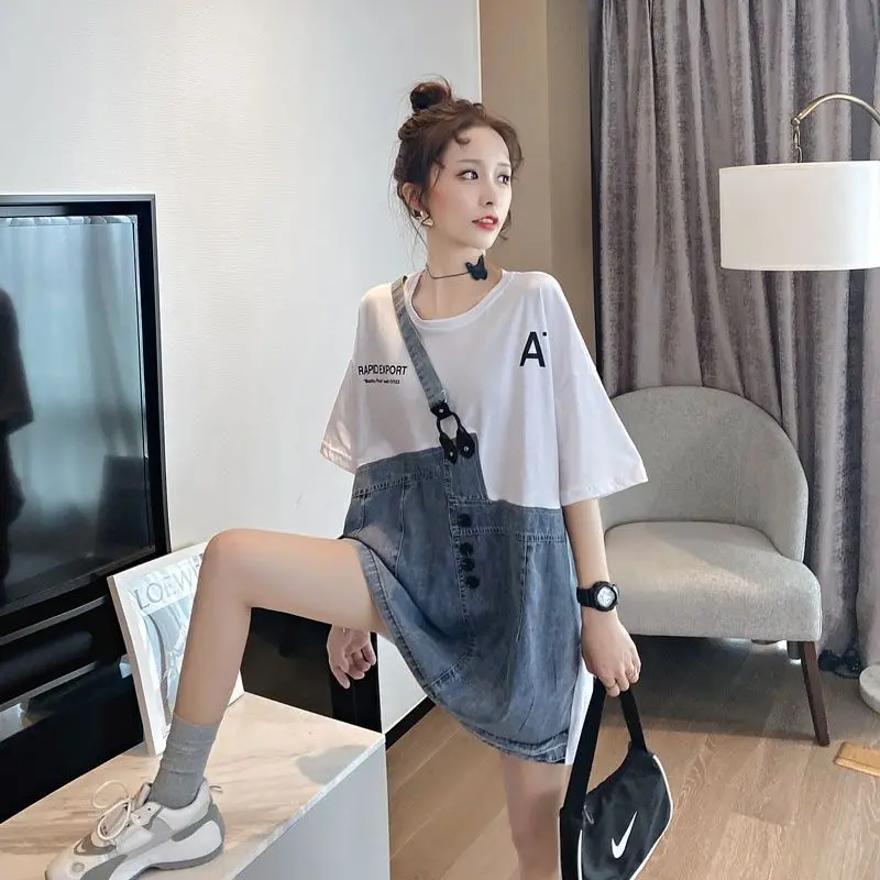 Fashion Patchwork Denim Fake Two Pieces Oversized T Shirt Female Clothing Summer New Loose Korean Batwing Sleeve Casual Dresses