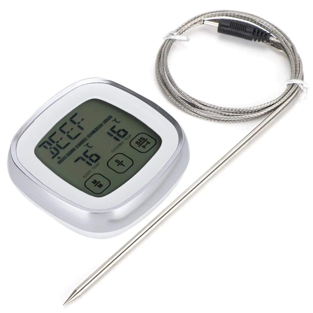 Touch Screen Digital Meat Thermometer Built-In Timer Stainless Steel Probe Food BBQ Thermometer LCD Backlight Magnetic Back