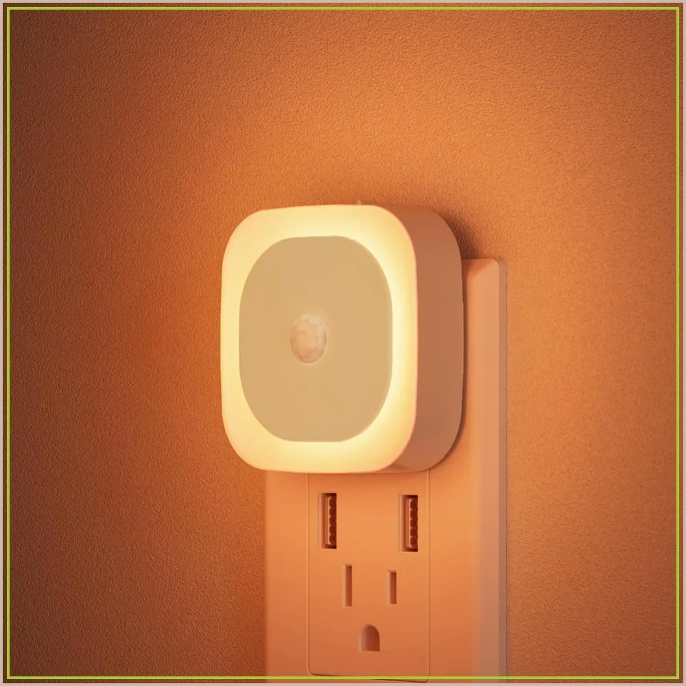 2 Pack Plug in Amber Night Light with Motion Sensor & Dusk to Dawn Sensor, 3-in-1 Dimmable Night Lights for Kids, Sleep, Bathroom, Bedroom