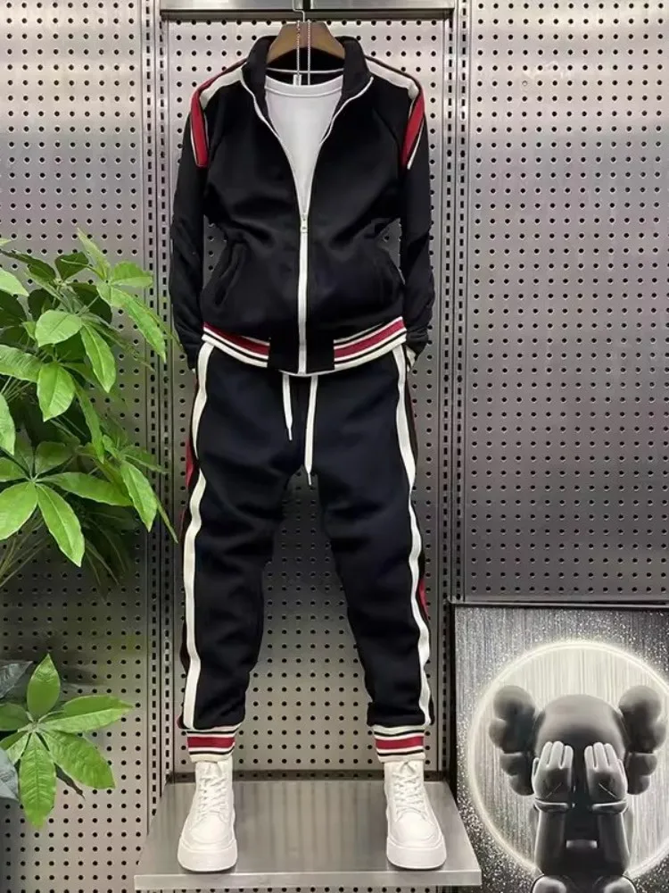 Mens New Spring Autumn Two Piece Running Set Tops Pants Mixed Colors Striped Gym Fitness Sports Sets Outdoor Jogging Tracksuit