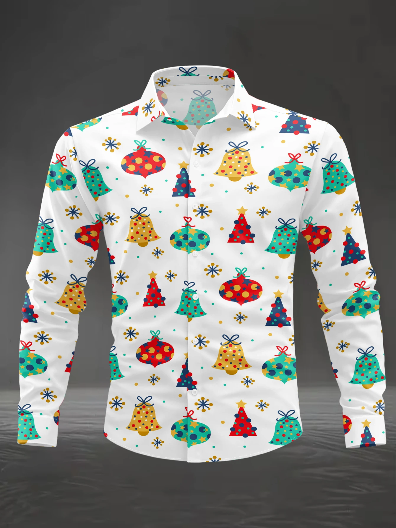 Men Long Sleeve Button Down Shirt White Christmas Bell Tree Ornament Print Polyester Lapel Collar Holiday