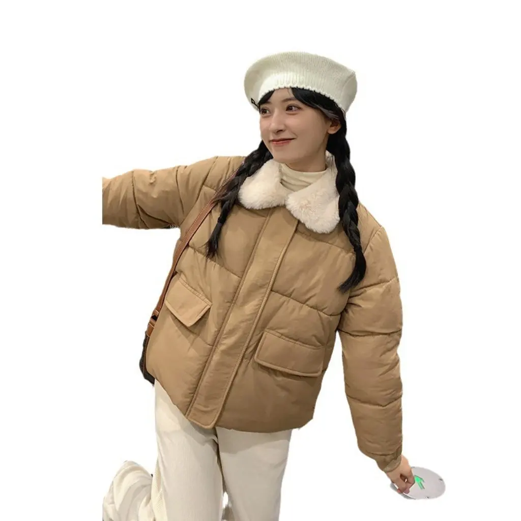 

Women's Solid Color Plush Lapel Short Cotton-Padded Coat High School Student Doll Collar Thickened Winter Outerwear