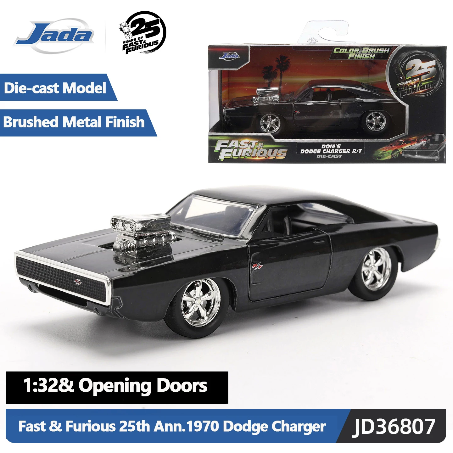 JADA Fast & Furious 25th Anniversary 1:32 Dom's 1970 Dodge Charger – Bare Metal with Black Clear Coat JD36807