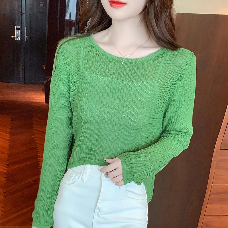 

Good Quality 2024 Spring Female Sweater Candy Color Long Sleeve Thin Women Knitting Pullovers Stretched Loose Lady Knitted Top