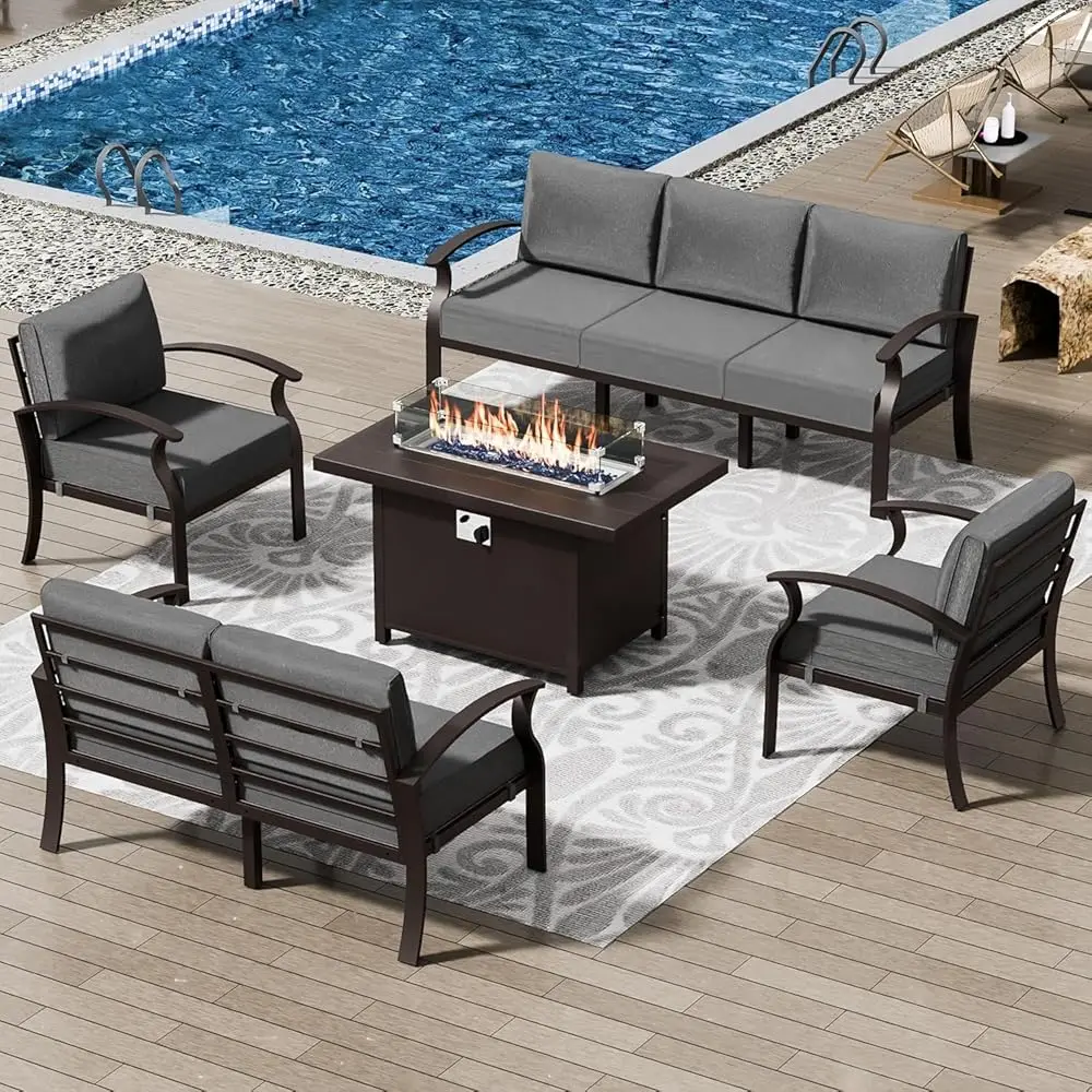

Patio Furniture Set 5-Piece Aluminum Armrest Sofa, Modern Outdoor Living Room Set With 55000 Btu Propane Aluminum Fireplace,