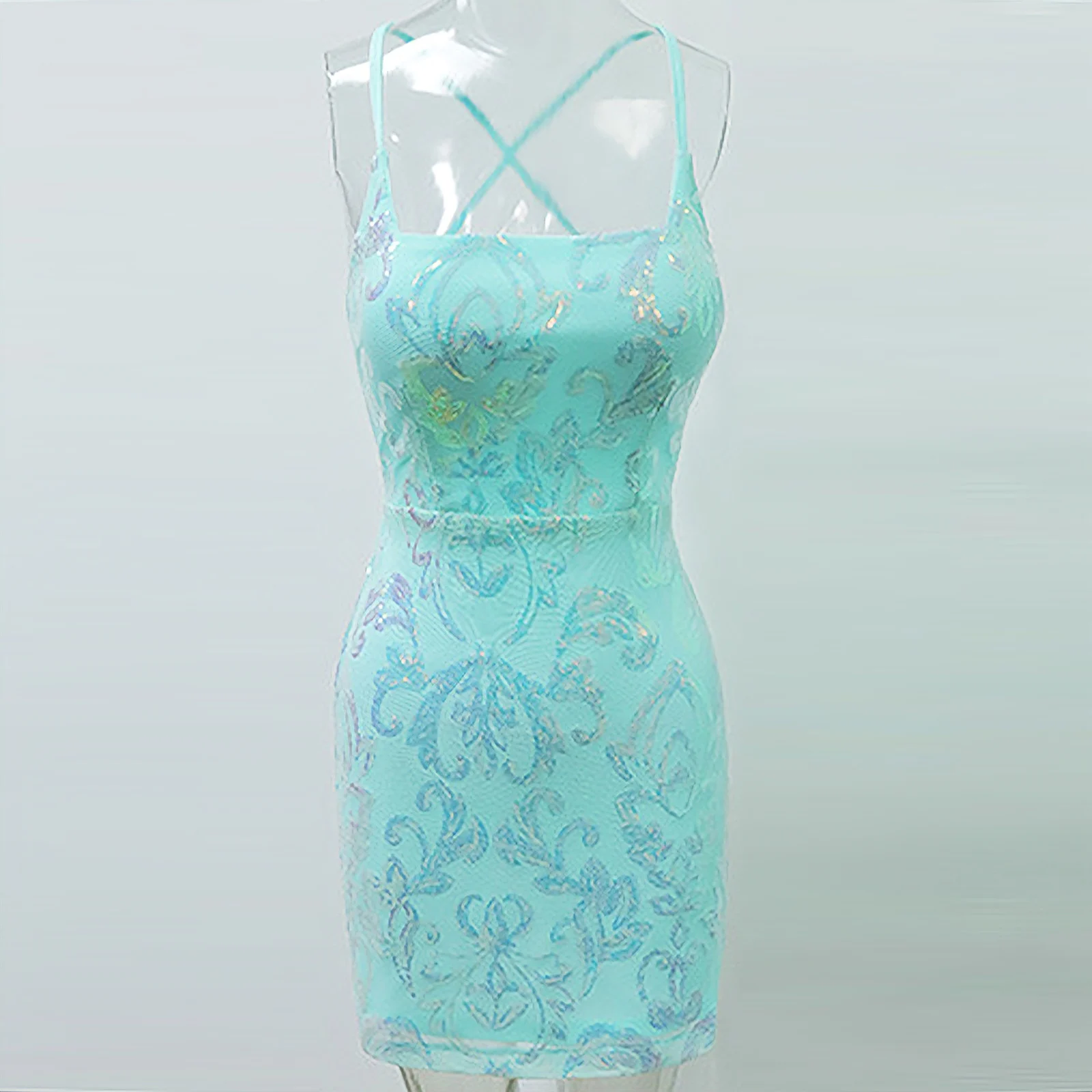 Mode femmes paillettes maille florale Mini robe Raves Clubwear col carré à lacets entièrement doublé robe moulante pour fête de mariage