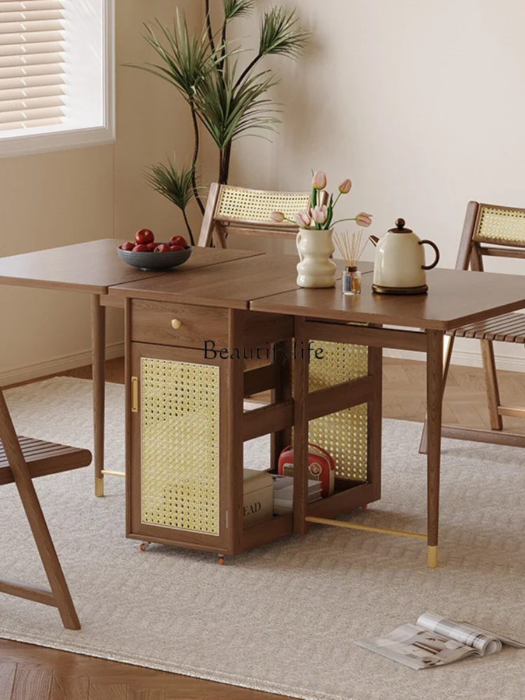 Multifunctional foldable solid wood dining table and dining side cabinet can be stored and save space