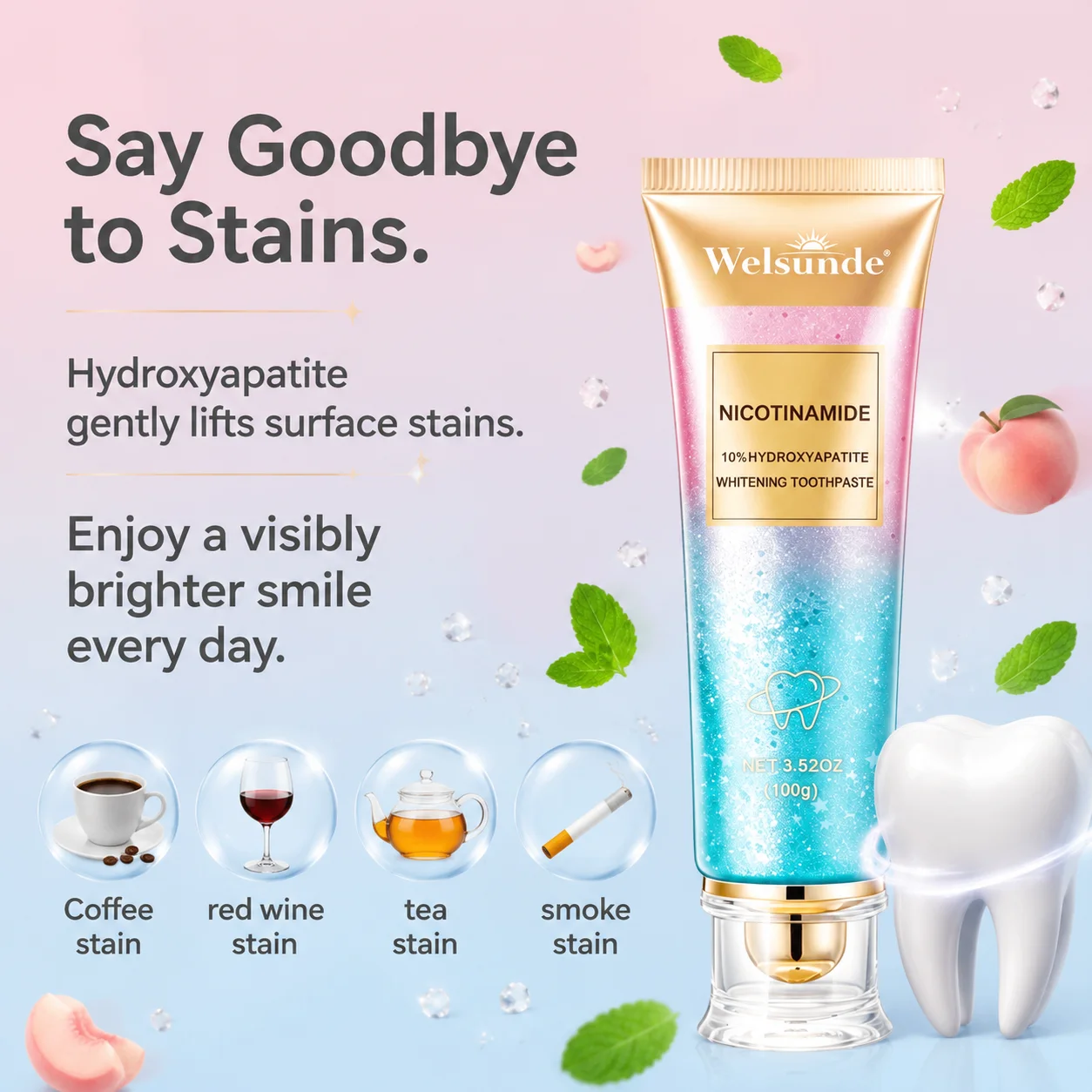 3PCS Niacinamide Whitening Toothpaste, Refreshing Breath & Deep Cleansing, Polish Bright White Teeth, Protect Tooth Enamel, Gentle Formula For Sensitive Teeth, Fresh Mint And Peach Flavors, Family Oral Care Christmas Gift Daily Use & Travel Size
