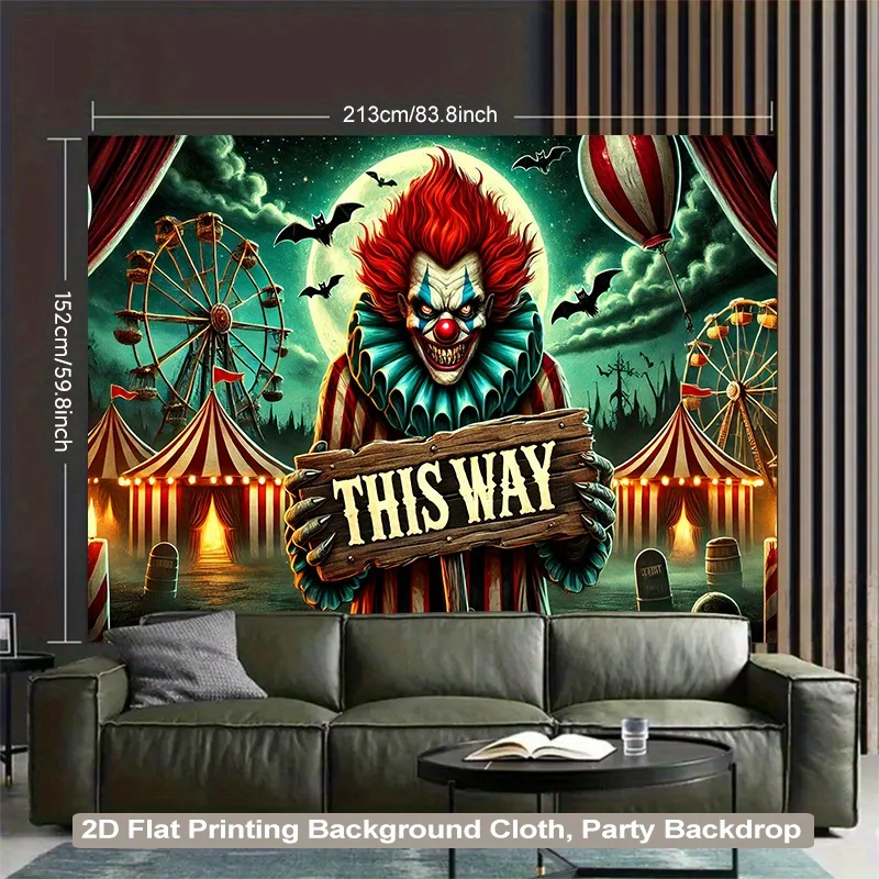 مسطح ثنائي الأبعاد، قطعة واحدة من نسيج خلفية كرنفال المهرج المرعب، مع مهرج على طراز Pennywise وتصميم موضوع "It" #3