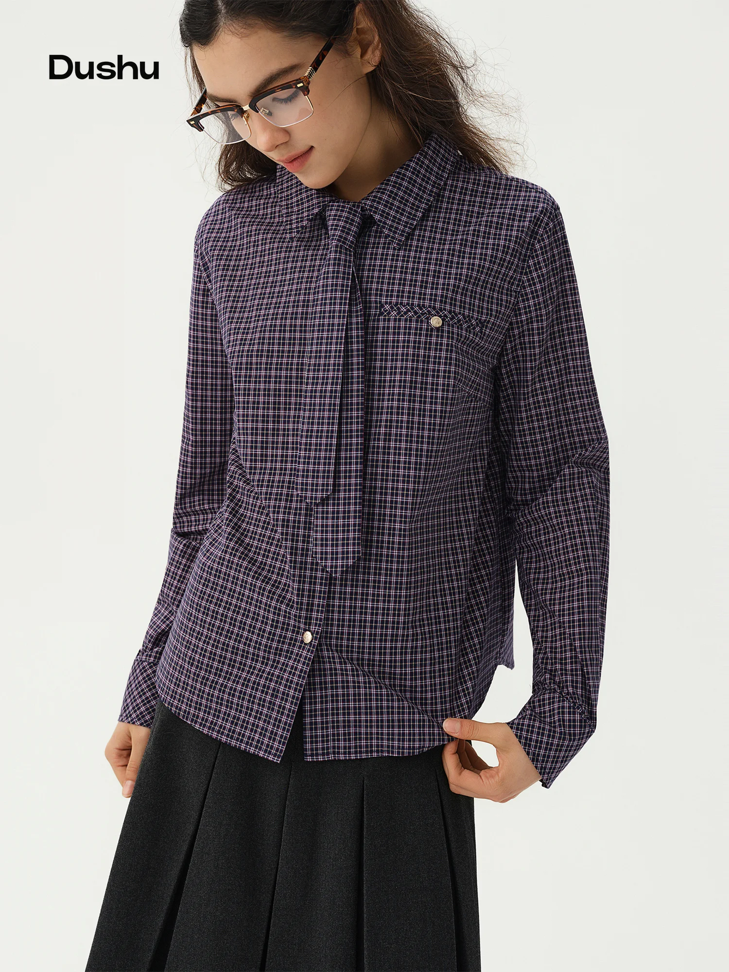 DUSHU 2026 Autumn Winter Women Plus Size Detachable Tie Plaid Long Sleeve Shirt Casual Commute Office Blouse New Arrival Top