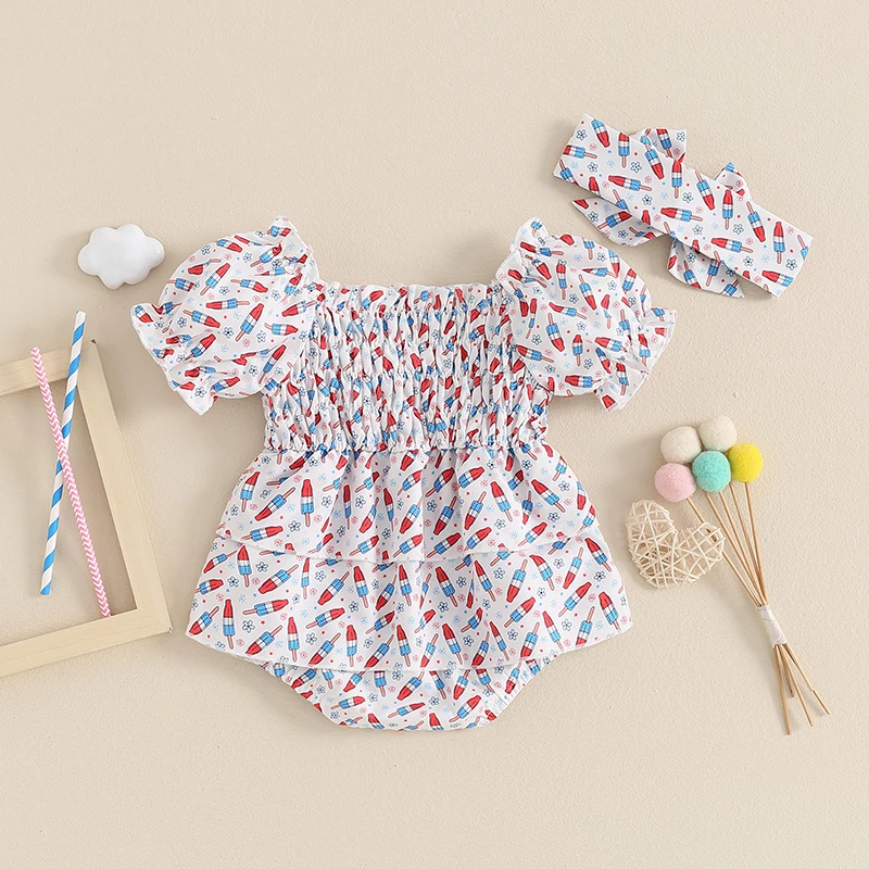 Newborn Girl Summer Outfit Short Sleeve Pleated Popsicle Print Bodysuit with Headband 2 Pieces Set for 4th of July