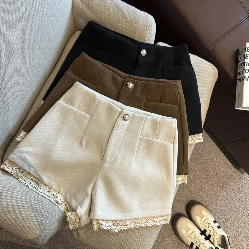 النساء الحلو الدانتيل السراويل الخريف الشتاء عالية الخصر شيك زر عارضة السراويل الإناث المرقعة الصلبة بسيطة مكتب سيدة ضئيلة السراويل